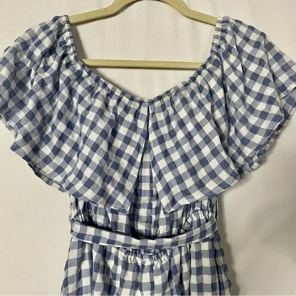Anthropologie ie 11.1. Tylho Kinsey Off-The-Shoulder Blue & White Gingham Dress - Picture 7 of 15
